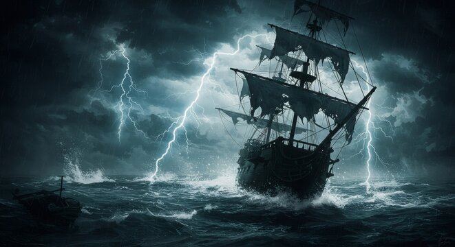 Pirate ship sailing on a stormy sea in rough weather with lightning striking sky. Adventure concept for historical and fantasy themes.