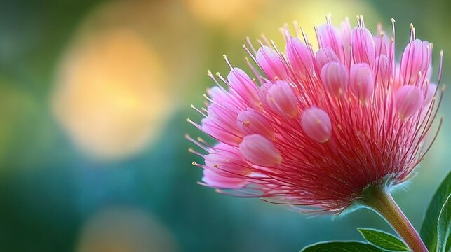 Close-up of a vibrant pink flower with detailed petals and stamens against a blurred green and yellow background, evoking a sense of natural beauty and tranquility - Powered by Adobe