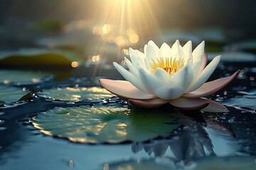 White water lily flower blooming on dark water surface with green lily pads and warm golden sunlight shining down creating a peaceful and serene atmosphere