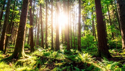 森 林 木 木漏れ日 光 太陽 日差し 緑 新緑 生命 自然 早朝 幻想的 神秘的 癒やし 静寂 散歩 アウトドア 輝き 壮大