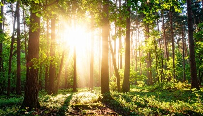 森 林 木 木漏れ日 光 太陽 日差し 緑 新緑 生命 自然 早朝 幻想的 神秘的 癒やし 静寂 散歩 アウトドア 輝き 壮大