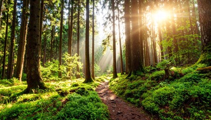 森 林 木 木漏れ日 光 太陽 日差し 緑 新緑 生命 自然 早朝 幻想的 神秘的 癒やし 静寂 散歩 アウトドア 輝き 壮大