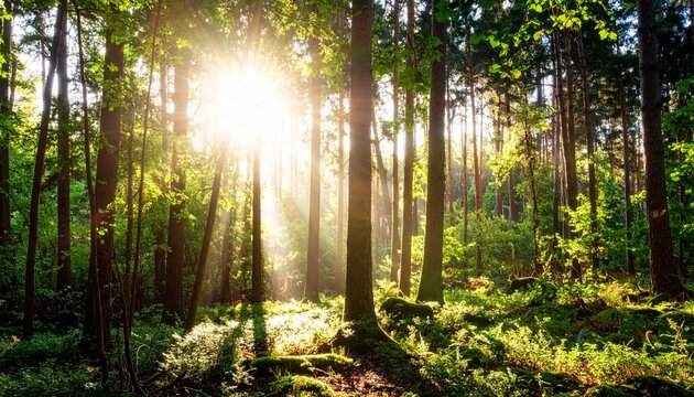 森 林 木 木漏れ日 光 太陽 日差し 緑 新緑 生命 自然 早朝 幻想的 神秘的 癒やし 静寂 散歩 アウトドア 輝き 壮大