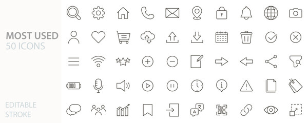 50 most used modern icon symbols. Thin line vector illustration editable stroke.