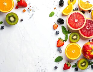 Colorful slices of fresh kiwi, orange, grapefruit, and berries creating a vibrant frame on a textured white background.