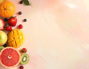 Assorted fresh tropical and citrus fruits, including mango and grapefruit, creating a border on a pastel painted background.