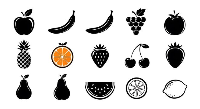 Black and White Fruit Icons - Apple, Banana, Grapes, and More.