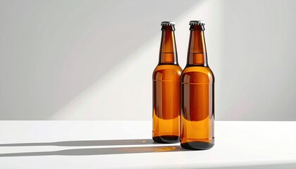 Two amber glass bottles of beverage stand on a white surface with long shadows cast by soft daylight highlighting the texture of the background wall