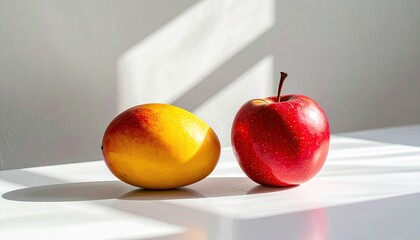 Two fresh ripe fruits a yellow mango and a red apple sit on a clean white table illuminated by bright sunlight casting dramatic shadows on a textured white wall