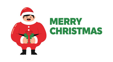 Joyful cartoon santa claus character holding a green gift box with a red ribbon wishing merry christmas