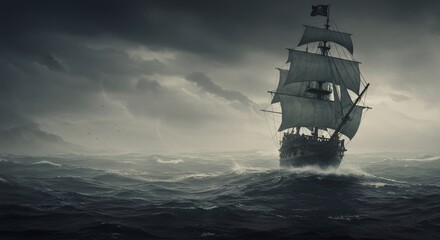 Pirate ship sailing on a stormy sea. Adventure and danger on the open ocean. A classic tale of buccaneers and maritime exploration.