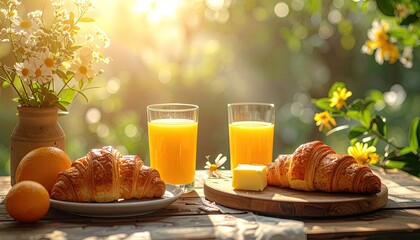 Two Flaky Croissants with Orange Juice and Butter Served on a Wooden Table with Fresh Oranges and Flowers in Bright Sunlight Outdoors