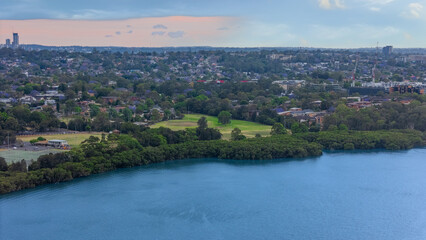 Fototapeta premium Wentworth Point a suburb in western Sydney newly built residential high rise apartments area on Parramatta River Sydney NSW Australia