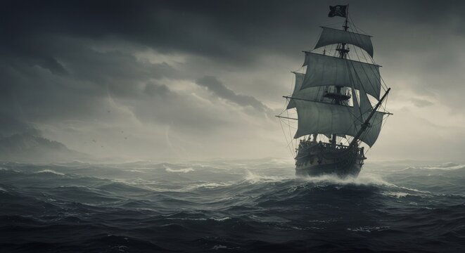 Pirate ship sailing on a stormy sea. Adventure and danger on the open ocean. A classic tale of buccaneers and maritime exploration.