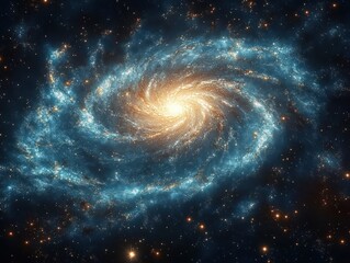 spiral galaxy with bright glowing core and swirling blue arms filled with stars in deep space