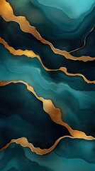 Abstract fluid art with flowing layers of teal and dark blue shades accented by textured golden lines creating a sense of depth and elegance