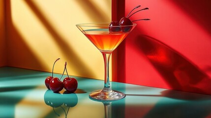 Brightly lit martini glass with orange cocktail garnished with cherries placed on a reflective surface against bold red and yellow background