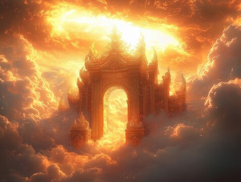 Ornate golden temple gate glowing from within surrounded by vibrant sunlit clouds creating a majestic and heavenly atmosphere