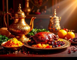 Decadent middle eastern roasted chicken and rice on a golden plate, flanked by ornate brass teapots in warm lighting.