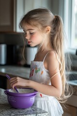 Young girl with long blonde hair stirring mixture in a purple bowl in a bright kitchen, focused and calm expression