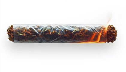 Close-up of a hand-rolled smoking cigarette with burning tip and loose tobacco visible inside translucent paper against white background