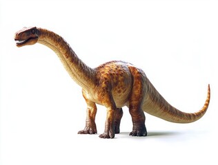 large long-necked dinosaur with a spotted brown and beige body standing on a white background showing its teeth with a curved tail