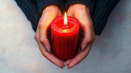 Close-up of hands gently holding a lit red candle giving a warm and peaceful glow