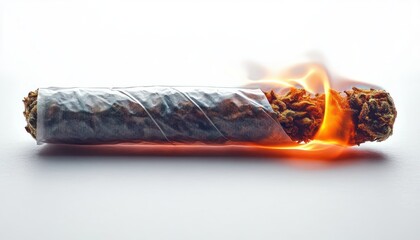 Close-up of a burning hand-rolled cigarette or joint with visible flame and smoke on a white surface