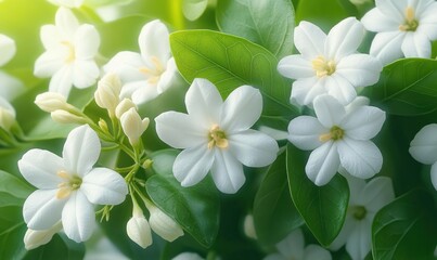 Close-up of delicate white jasmine flowers blooming among vibrant green leaves with soft natural lighting conveying freshness and tranquility