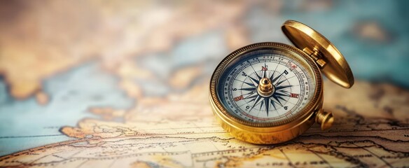 A vintage golden compass resting on an old detailed map illustrating geographic and oceanic features with a soft focus background