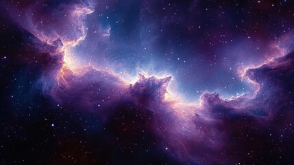 Vast cosmic nebula with glowing purple and blue gas clouds illuminated by bright stars in deep space