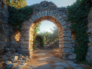 Ancient stone archway overgrown with ivy at sunset leading to a dry pathway surrounded by ruins and trees