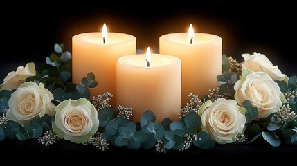 Three lit candles surrounded by white roses and green foliage creating a serene and peaceful ambiance