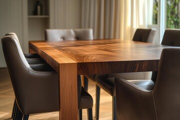 Modern dining room with a large wooden table surrounded by six dark leather chairs bathed in warm natural light