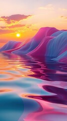 Colorful surreal landscape showing smooth, wavy hills reflected in calm water with vibrant sunset and partly cloudy sky