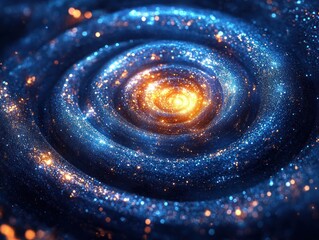 Close-up of a glowing spiral galaxy with swirling blue and gold sparkling stars creating a luminous cosmic scene