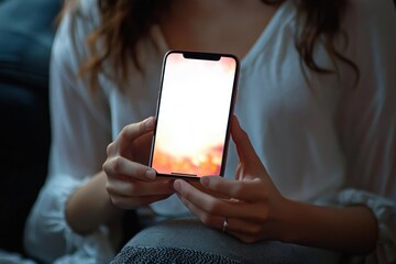 Close-up of a person holding a smartphone with a bright, blurred screen in a cozy indoor setting, capturing a moment of focus and calm