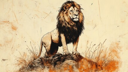 Sketch of a majestic lion standing proudly on a rocky outcrop surrounded by grass with a calm and commanding presence
