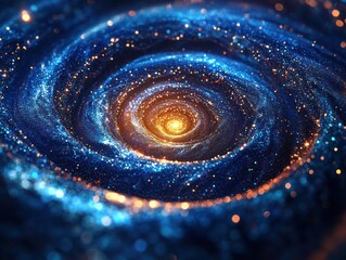 Close-up view of a glowing spiral galaxy with bright blue and orange stars swirling around a radiant golden center, evoking a sense of cosmic wonder and vastness