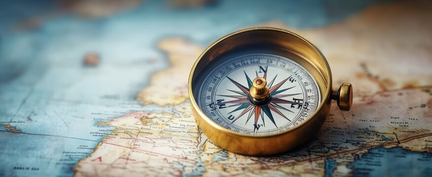 Close-up of an antique brass compass resting on a detailed world map symbolizing navigation and exploration