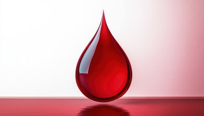 Obraz premium Close-up of a large glossy red liquid droplet with reflection on a smooth surface, symbolizing purity and vitality, with a soft gradient background