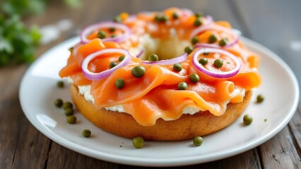 A classic breakfast bagel topped with cream cheese, smoked salmon lox, red onions, and capers on a white plate.
