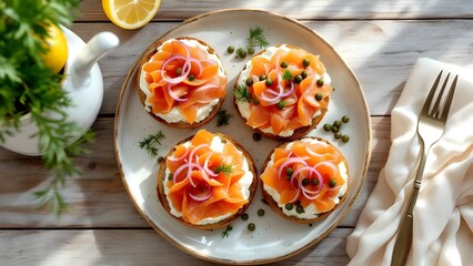 Gourmet bagels with smoked salmon, cream cheese, capers, and red onion on a rustic wooden table.