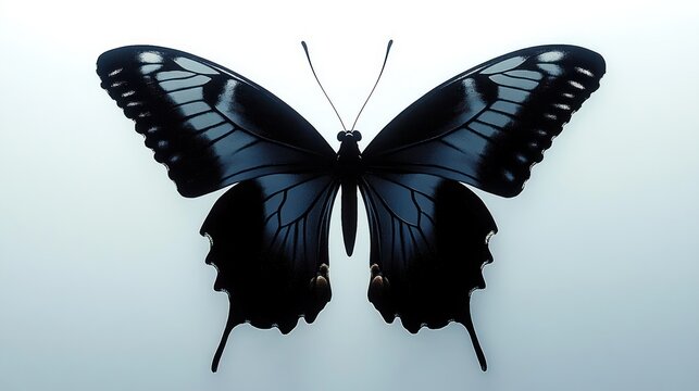 Close-up view of a large black and blue butterfly with symmetrical wings spread on a light background