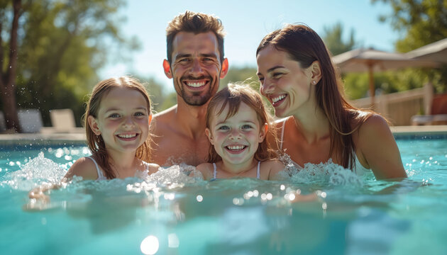 Happy family swims in pool water, laughing together on sunny day. Parents and two little girls enjoy summer vacation splash fun at poolside resort.
