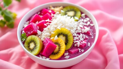 A vibrant pink dragon fruit smoothie bowl topped with fresh kiwi, diced pitaya, and shredded coconut.