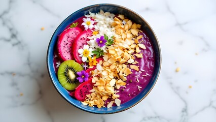 A vibrant purple dragon fruit smoothie bowl topped with kiwi, toasted coconut, and edible flowers on a marble surface.