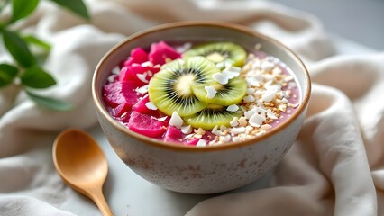 A vibrant pink dragon fruit smoothie bowl topped with fresh kiwi slices, diced pitaya, and toasted coconut flakes.