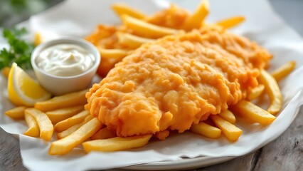 A classic dish of golden brown fried fish and chips with tartar sauce and a lemon wedge.