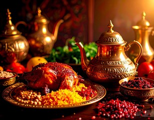 roasted chicken, saffron rice, middle eastern food, brass teapots, pomegranate, festive dinner.